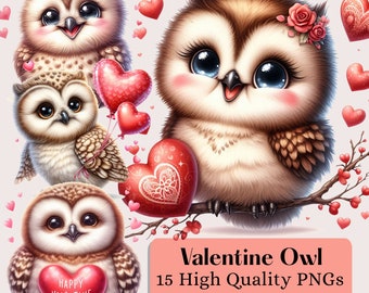 Acquerello carino San Valentino gufo Clipart, 15 PNG di alta qualità, San Valentino Clipart, Clipart animali di San Valentino, amore PNG, Gufo Clipart