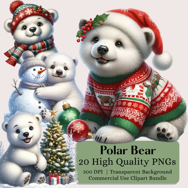 Winter Polar Bear Clipart, 20 High Quality PNGs, christmas graphics, festive images, cute animals, printable graphics, polar bear clipart