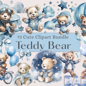 Aquarelle ours en peluche Clipart, Shower de bébé pour un garçon, bleu avion ballons, mignon ours en peluche Clipart, aquarelle bébé douche clipart