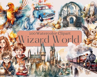 Może przedstawiać: Zestaw clipartów akwarelowych w temacie magicznego świata. Zawiera obrazy feniksa, smoka, zamku Hogwart, latającego samochodu, pociągu, sowy, elfa domowego, czarodzieja, czarownicy, kota i wiele innych. 100 Akwarelowych Clipartów Magiczny Świat.