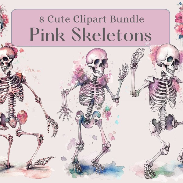 Pink Dancing Skeletons Halloween PNG, Floral Skull, Cute Halloween Clipart PNG Bundle, Spooky Clipart PNG, Halloween skeleton Design