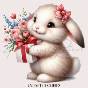 Watercolor Valentines Bunnies Clipart, 11 High Quality PNGs, Valentines Day Clipart, Rabbit Clipart, Cute BunnyPNG