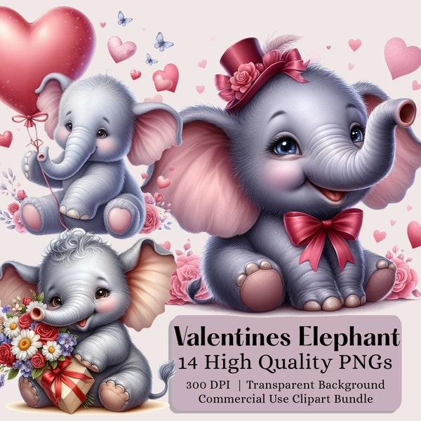 Watercolor Valentines Elephant  Clipart, 11 High Quality PNGs, Valentines Day Clipart, Valentines Animals Clipart, Elephant Clipart