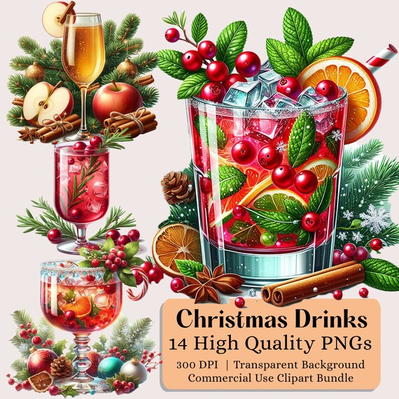Christmas Cocktail Clipart, Christmas Clipart, Cocktails png graphics, Winter Holiday Drinks PNG, Food Clipart Bundle Christmas, Drinks png