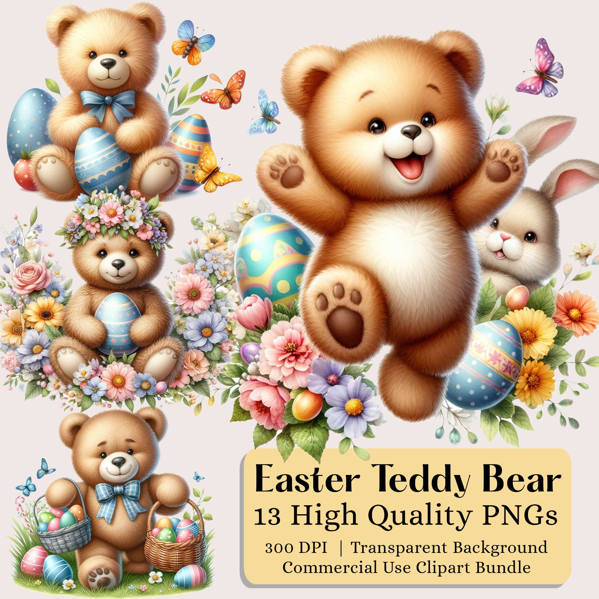 Watercolor Teddy Bear Clipart Bundle, Spring Clipart, Easter Clipart