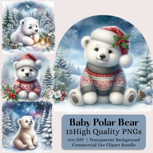Kerst ijsbeer clipart - 15 hoogwaardige PNG's, digitaal papier maken, kerstafbeeldingen, schattige dieren, ijsbeer clipart