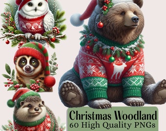 Christmas Woodland Watercolor Clipart Bundle, Festive Forest Images, Holiday Graphics, Forest Animals Clip art, Christmas Animals Clipart
