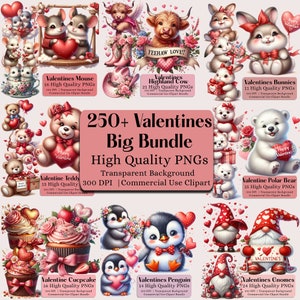 Clipart di San Valentino ad acquerello, oltre 250 PNG di alta qualità, Clipart di San Valentino, Clipart di animali, PNG di animali carini, Dolci di San Valentino