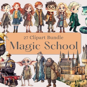 May include: A digital clipart bundle featuring 27 illustrations of characters, creatures, and settings from a magic school theme. Includes students, animals, a train, and a castle, with the text "Magic School".
