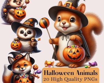 Aquarell Halloween Tiere Clipart PNG Bundle, 20 PNG Halloween Clipart, süße Halloween Tiere Clipart, Tier PNG Bundle, kommerzielle Nutzung