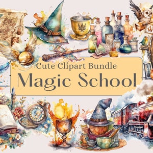 Wizard School Clipart Bundle, Magic School,  Witch and Wizard png. Wands, Potions, Keys, wizarding school Digital watercolor.