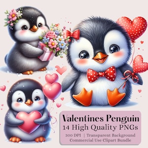 Aquarel Valentines Penguin Clipart, 14 hoge kwaliteit PNGs, Valentijnsdag Clipart, Valentines Dieren Clipart, Love PNG, Penguin Clipart