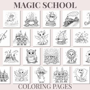 May include: A set of 16 black and white colouring pages featuring a magical school theme. The pages include images of a witch on a broomstick, a cauldron, an owl, a train, a dragon, a wizard's hat, a castle, a lion, a frog, a phoenix, a wizard, and a snake.