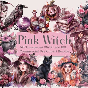 Witch Clipart, Magic Witch clipart PNG, Witches PNG, Junk Journal, Paper Crafts Scrapbooking, Pink Halloween clipart,  Commercial Use
