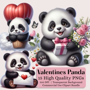 Clipart di Panda di San Valentino ad acquerello, 15 PNG di alta qualità, Clipart di San Valentino, Clipart di Panda, PNG di Panda carino