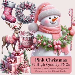 Pink Christmas Clipart, Pink Festive Clipart PNG Christmas Digital Planner, Watercolor Winter Bundle, Junk Journals, Christmas png Clipart
