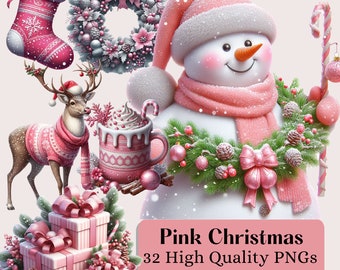 Pink Christmas Clipart, Pink Festive Clipart PNG Christmas Digital Planner, Watercolor Winter Bundle, Junk Journals, Christmas png Clipart