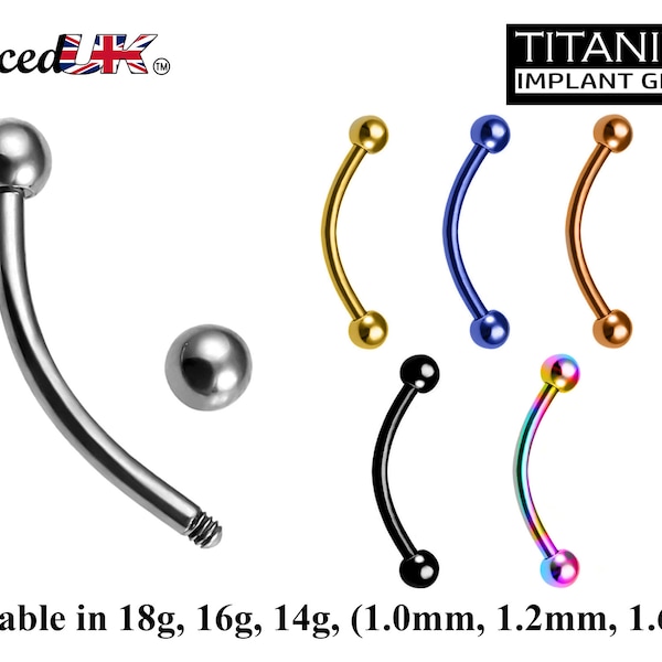 Titanium Curved barbell, Daith Piercing – 18g, 16g, 14g Bent Barbell for Eyebrow, Ears, Tragus, Rook Ring. Available in Many Colours