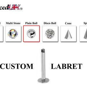 Labret Body Jewelry Piercing - Customize Labret Lip Piercing in 16g / 14g - Spike - Gem Ball - Multi Stone - Disco Ball - Plain Ball.