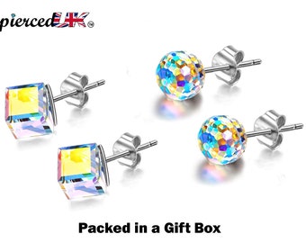 Cube Earrings, Stud Earrings - Fashion Jewelry for Women - High Quality and Sparkling Crystals- Stainless Steel Hypoallergenic Post Earrings