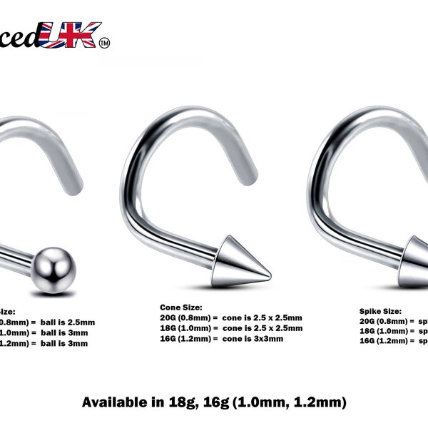 Nose Studs, Nose Ring - 20g, 18g, 16g Nostril Screw Ring with Ball / Cone / Spike  - Nose Piercing, Nose Jewelry, Nose Pin