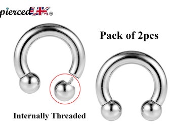 Horseshoe Septum Ring, Nose Ring - 2pcs Surgical Steel Horseshoe piercing (CBB) - 10g to 00g - size 12mm to 19mm - Internally Threading