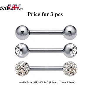 Barbell Stud, Industrial Piercing – 3pcs Barbell Piercing Jewelry – Ball / Gem ball / Disco ball – Piercing for Tongue Bar, Helix, Daith Ear
