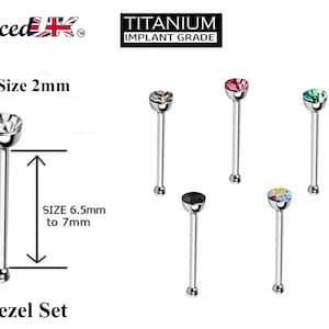 Titanium Nose Piercing, Nose Pin - Nose Bone Stud with Bezel Set CZ Crystals - Nose Ring Size 24g 20g 18g