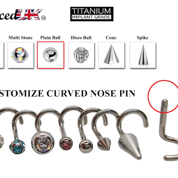 Titanium Nose Ring, Nose Studs - Customize 20g 18g 16g Nostril Screw Ring - Top part can be Cone, Spike, Gem or Multi Crystal - Nasal Studs