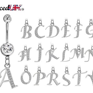 Barrette, anneau pour nombril initial, piercing au nombril avec pendentif en argent, lettres de l'alphabet A à Z - La longueur de la barrette est de 10 mm - l'épaisseur est de 14 g (1,6 mm)