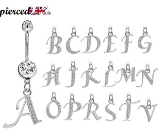 Belly Bar, Initial Navel Ring, Navel Piercing with Silver Dangle Alphabet Letter A-Z - Belly Bar length is 10mm - thickness is 14g (1.6mm)