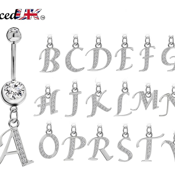 Belly Bar, Initial Navel Ring, Navel Piercing with Silver Dangle Alphabet Letter A-Z - Belly Bar length is 10mm - thickness is 14g (1.6mm)