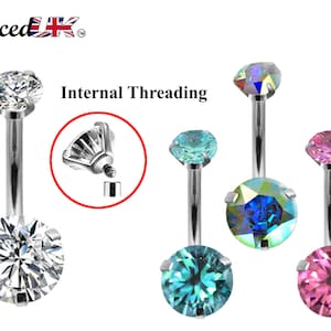 Belly Bar, Belly Button Rings - Internally Threaded top Gem Belly Button Piercing - 14g (1.6mm) 10mm - Prong Set AAA+ CZ Crystals