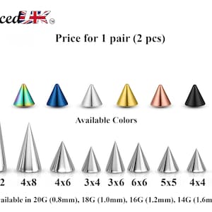 Spike Piercing, Pair of Spike and Cone Replacement Piercing Parts – 16g, 14g Attachment for Barbell, Labret, Horseshoe Bar and More.