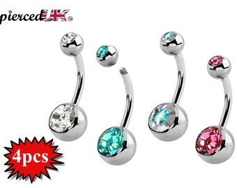 Belly Button Rings, Belly Ring - 4pcs Belly Bar with Double Gem Crystals Color Clear, Aurora, Aqua and Pink - 14g (1.6mm)