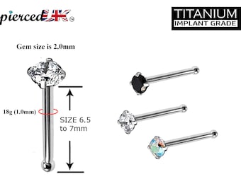 Titanium Nose Pin, Nose Studs - Nose Bone Stud with Prong Set CZ Crystals - Nose Piercing Size 18g (1.0mm)