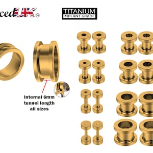Puede incluir: Un juego de expansores de orejas de titanio dorado en varios tamaños. Los expansores están hechos de titanio de grado implantable y tienen una longitud de túnel interna de 6 mm. TITANIO DE GRADO IMPLANTABLE.