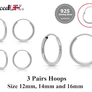 Hoop Earrings Silver - Set of 3 Pairs Hoop Earrings for Women - Comes in Sizes of 12mm, 14mm and 16mm - Silver, Gold, Rose Gold