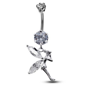 Puede incluir: Anillo de ombligo plateado con un cristal transparente y un colgante de hada.