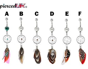 Belly Button Rings, Navel Ring - Silver Dreamcatcher Jewellery Dangle Belly Bar with Genuine Bird Feathers- 14g (1.6mm)