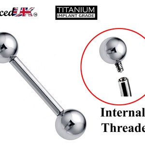 Titanium Barbell Industrial Piercing Earrings, Internally Threaded – 16g, 14g (1.2 & 1.6mm) – Piercing for Tongue, Nipple, Tragus, Helix