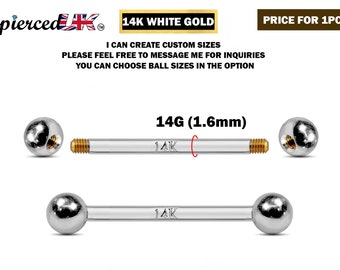 Barbell piercing - 14K wit goud 14G tong Bar 6mm tot 24mm - piercing voor tong, Daith, Helix, tragus, neusbrug