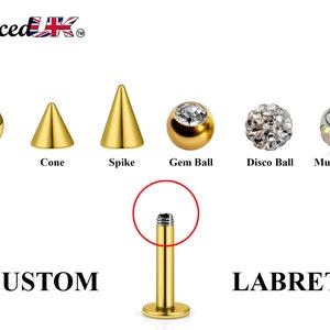 Gold Labret Stud, Labret Piercing – Custom Lip Labret 18g 16g 14g Labret Piercing for Lip, Chin and More – Choose Top Ball in the Options