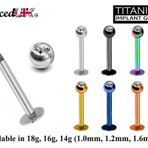 Titanium Labret Piercing, Labret Lip Stud – Lip Piercing available in many Colours Labret with Clear Crystal Top Gem Ball – 18g, 16g, 14g