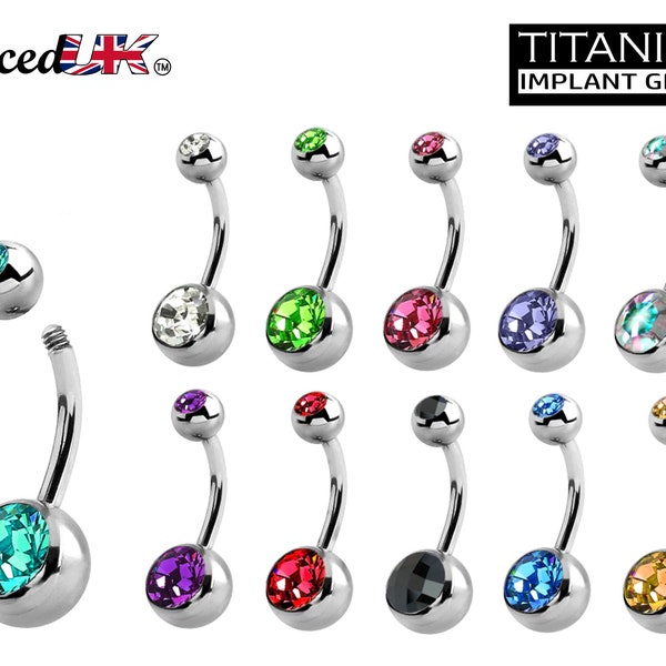 Titanium Navel Ring - Titanium Belly Bar Gem Stone Crystals- 14g (1.6mm) - Ideal Piercing for Navel Jewelry