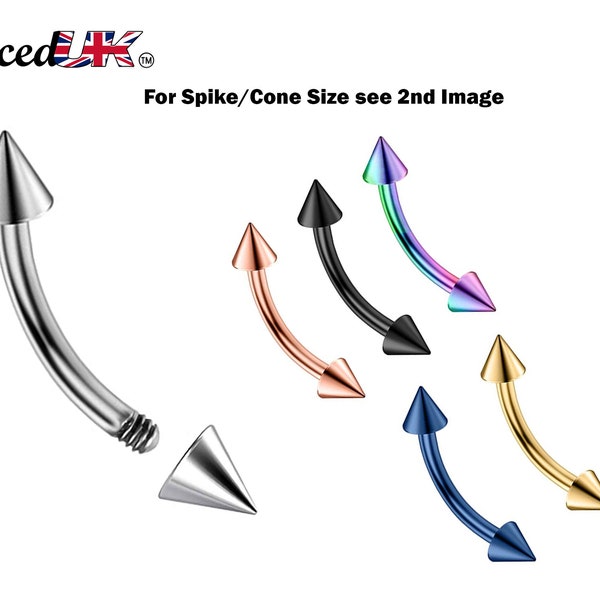Spike Barbell, Daith Piercing – 18g, 16g, 14g Curved Barbell Cone / Spike Jewelry for Eyebrow, Ears, Rook Ring. Available in Many Colours