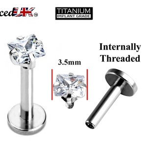 Titanium Lip Jewelry, Labret Stud – Internally threaded Square Top Prong Set Crystals– 16g (1.2mm) Labret Piercing Lip, Helix, Tragus.