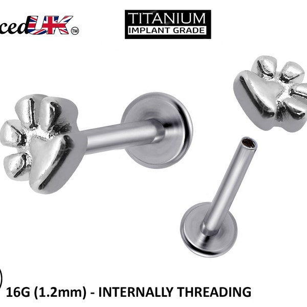 Titanium 16G Helix Stud Dog Paw Cartilage Piercing, Tragus Earrings, Forward Helix  - Internally Threaded Body Jewellery Ear Piercing