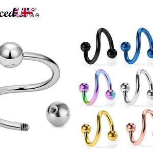 Spiral Barbell, Eyebrow Piercing – Conch Earrings 16g, 14g Body Jewellery for for Eyebrow, Ears, Lip Rings. Available in Many Colours