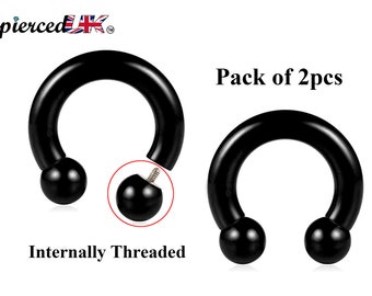 Black Horseshoe Septum Ring, Nose Ring - 2pcs Big Size Horseshoe piercing (CBB) - 10g to 00g size 12mm to 19mm - Internally Threading